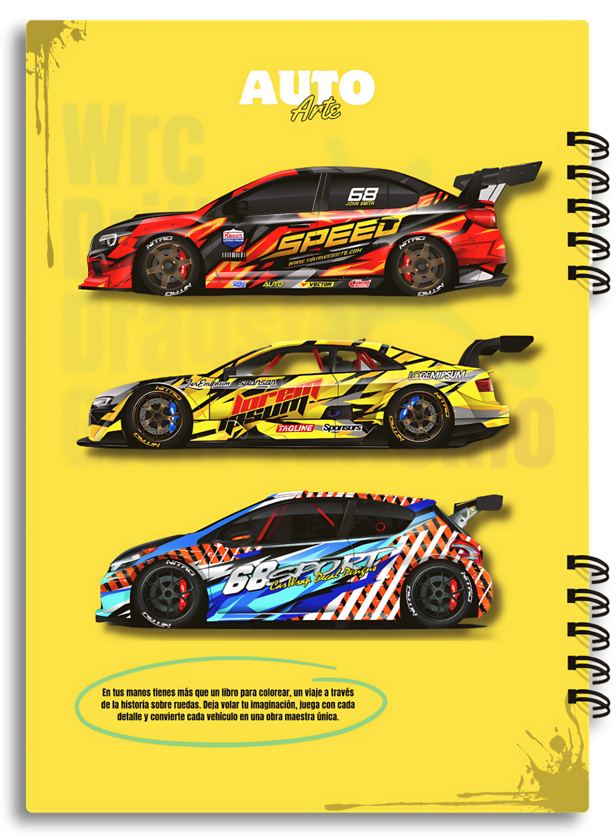 Libro para Colorear Wrc/Drift/Dragster/Gran Turismo, 57 Paginas, 55 Autos Modificados para colorear, 21.4 x 29 cm.